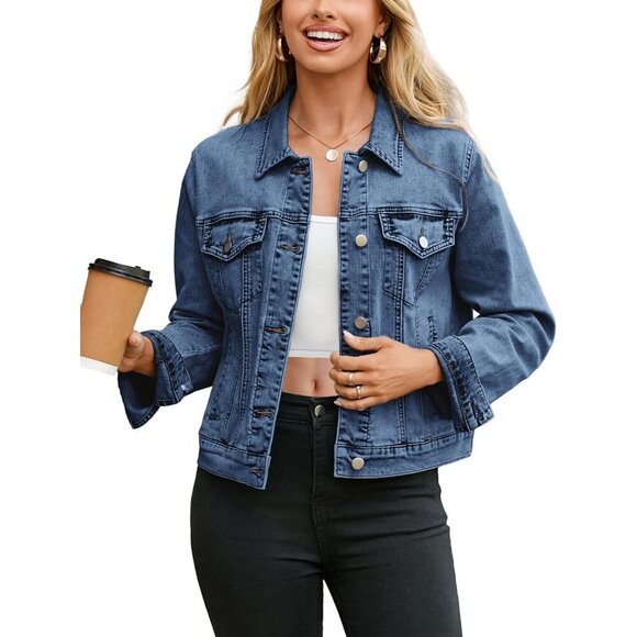 Women's Jean Jacket Long Sleeve Denim Jackets Button Down with Pockets Dark Blue